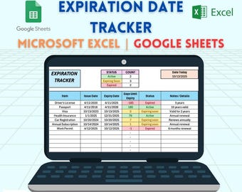 Rastreador de fecha de vencimiento / Registro de vencimientos en Excel y Google Sheets / ID, Hoja de cálculo de vencimiento de permisos, Panel de control codificado por colores / Herramienta de recordatorio de renovación