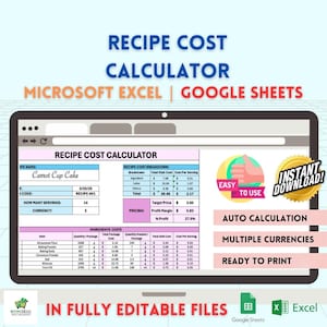 Calculadora de custos de receitas Planilhas Google e Excel Rastreador de custos, lucros e margens de alimentos Livro de receitas para impressão