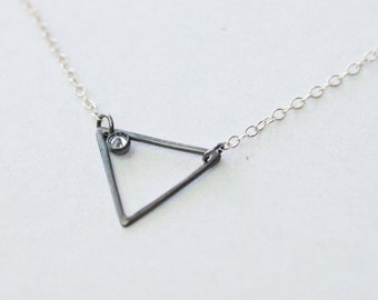 Black Silver Geometric Triangle and Cubic Zirconia Necklace | Contemporary Modern Necklace