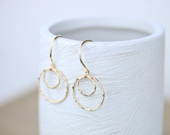 Gold Double Circle Drop Earrings | Rose Gold | Sterling Silver Hammered Earrings