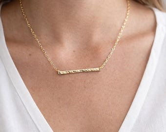 14K Gold Filled Bar Necklace | Hammered Skinny Pendant