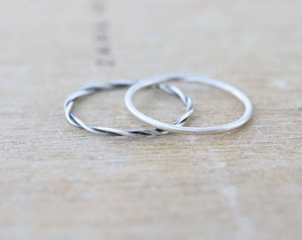 Twisted & Smooth Sterling Silver Stacking Rings - Set of 2