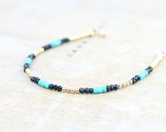 Gold Turquoise & Black Spinel Gemstone Minimalist Bracelet | Beaded Bracelet