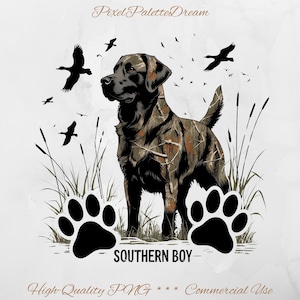 May include: A black Labrador Retriever dog wearing camouflage print stands in a field of tall grass with flying ducks in the background. The dog has paw prints on either side of it and the text "SOUTHERN BOY" below.