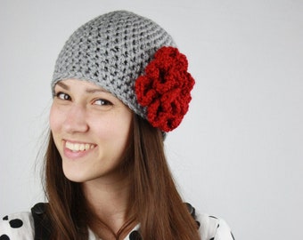 Crochet Hat with Red Flower, Women's Beanie Hat, Gray