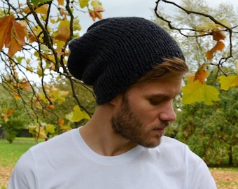 Hand Knit Slouchy Beanie: Anthracite Unisex Hat