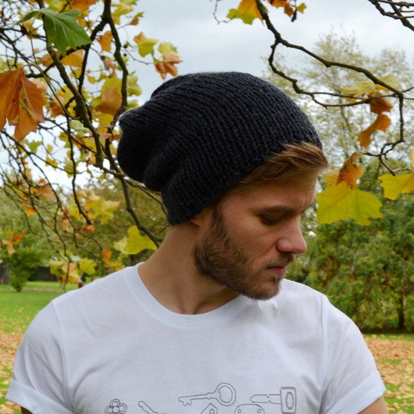 Hand Knit Slouchy Beanie: Anthracite Unisex Hat