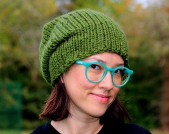 Olive Green Slouchy Beanie: Unisex Chunky Knit Winter Hat