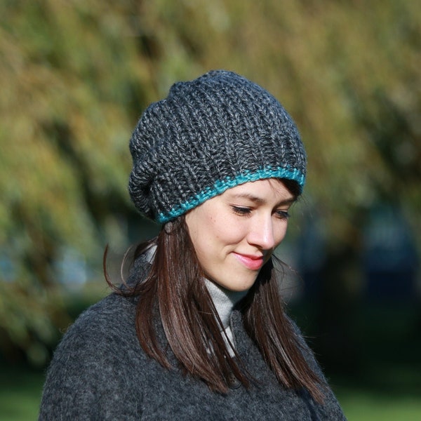 Slouchy Hat, Winter Hat, Women's Slouchy Beanie, Fall Winter Accessories, Gray and Teal