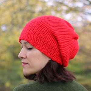 Hand Knit Slouchy Beanie - Handmade Winter Protest Hat, Bright Red