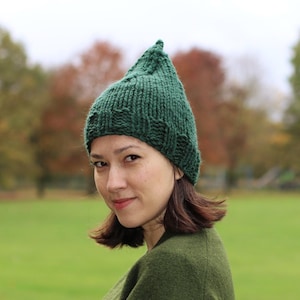 May include: A dark green knit hat with a pointed top. The hat has a textured pattern and is worn by a person wearing a green sweater. The background is a blurred view of a green field and trees.