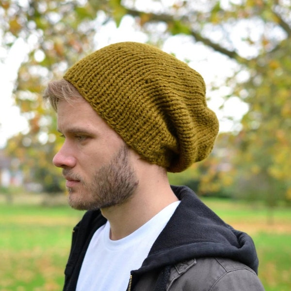 Men's Slouchy Beanie, Hand Knitted Hat, Winter Slouchy Hat, Olive Green