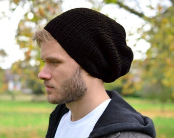 Men's Slouchy Beanie, Men's Knitted Hat, Mens Slouchy Beanie, Slouchy Hat, Hand Knit Hat for Men, Black