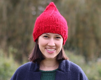 Women's Hat, Men's Hat, Elf  Knitted Hat, Gnome Hat, Winter Hat, Hand Knit Hat, Vegan Hat, Winter Accessories, Red