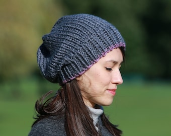 Hand Knit Slouchy Beanie: Gray Chunky Knit Winter Hat