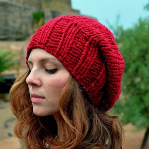 Red Wine Slouchy Beanie: Chunky Knit Winter Hat