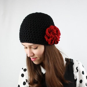 Women's Beanie Hat, Crochet Hat with Red Flower, Chunky Hat, Womens Fashion, Winter Accessories, Black and Red