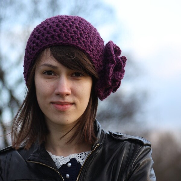 Crocheted Beanie Hat with Flower Damson