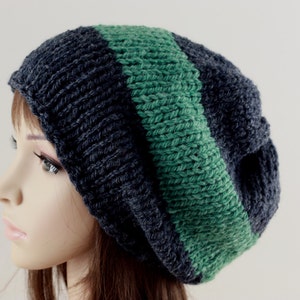 Gestreepte Slouchy-beanie, Slouchy-beanie heren, gebreide herenmuts, handgebreide muts, Slouchy-muts, antraciet en varen