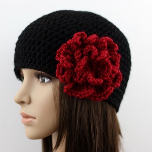 Women's Beanie Hat, Crochet Hat with Red Flower, Chunky Hat, Womens Fashion, Winter Accessories, Black and Red