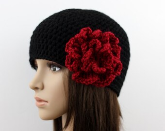Women's Beanie Hat, Crochet Hat with Red Flower, Chunky Hat, Womens Fashion, Winter Accessories, Black and Red