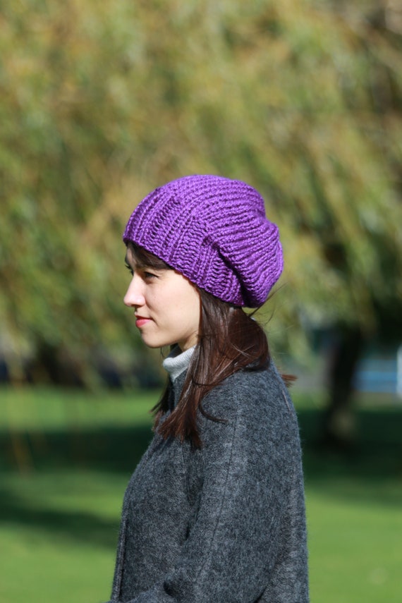 Handmade New Purple Pink Chunky Chenille Slouchy Winter‎ Knit Beanie Large Chunky Knit Beanie Hat With Giant Pom Pom - Large Winter  main image 4