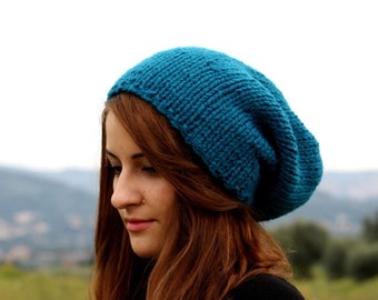 Petrol Blue Slouchy Beanie, Women's Slouchy Beanie Hat, Men's Slouchy Hat, Teen Slouchy Hat, Hand Knit Hat, Teal