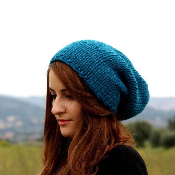 Petrol Blue Slouchy Beanie, Women's Slouchy Beanie Hat, Men's Slouchy Hat, Teen Slouchy Hat, Hand Knit Hat, Teal