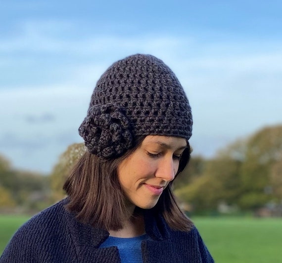 Women\'s Beautiful Style Crochet Gray Flower Brim Knit Winter Warm Hat Cap Crochet Grey Beanie, Winter Hat With Flower - Etsy main image 3