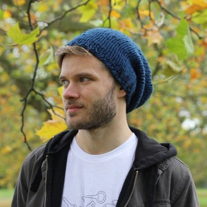 Men&#39;s Knitted Beanie, Slouchy Beanie, Women&#39;s Slouchy Hat, Hand Knit Hat, Winter Beanie, French Navy Blue