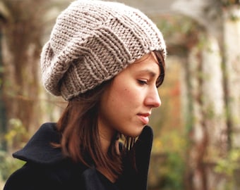 Oatmeal Slouchy Beanie: Chunky Knit Wool-Free Winter Hat