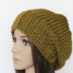 Olive Green Slouchy Beanie: Chunky Knit Vegan Winter Hat
