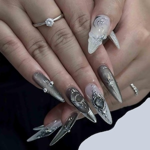 Handmade Metallic Galaxy Press On Nails | 3D Silver Planet & Star Accents | Chrome Gray Long Stiletto Nails for Spacecore or Party Look