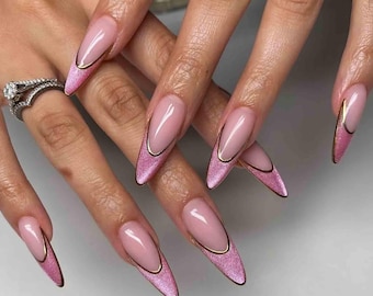 Handmade Pink Chrome Press On Nails | Metallic French Tips With Golden Outline | Stiletto Nails For Glam Party Vibe