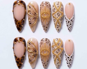 Handmade Leopard Tortoiseshell Press On Nails | Gold Chains, Evil Eye, 3D Butterfly Wings | Stiletto Nails for Edgy Safari Vibe