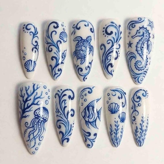 Handmade Porcelain Sea Life Press On Nails | Intricate Blue, White Ocean Art, Seahorse & Turtle | Almond Nails for Coastal Chic Vibe