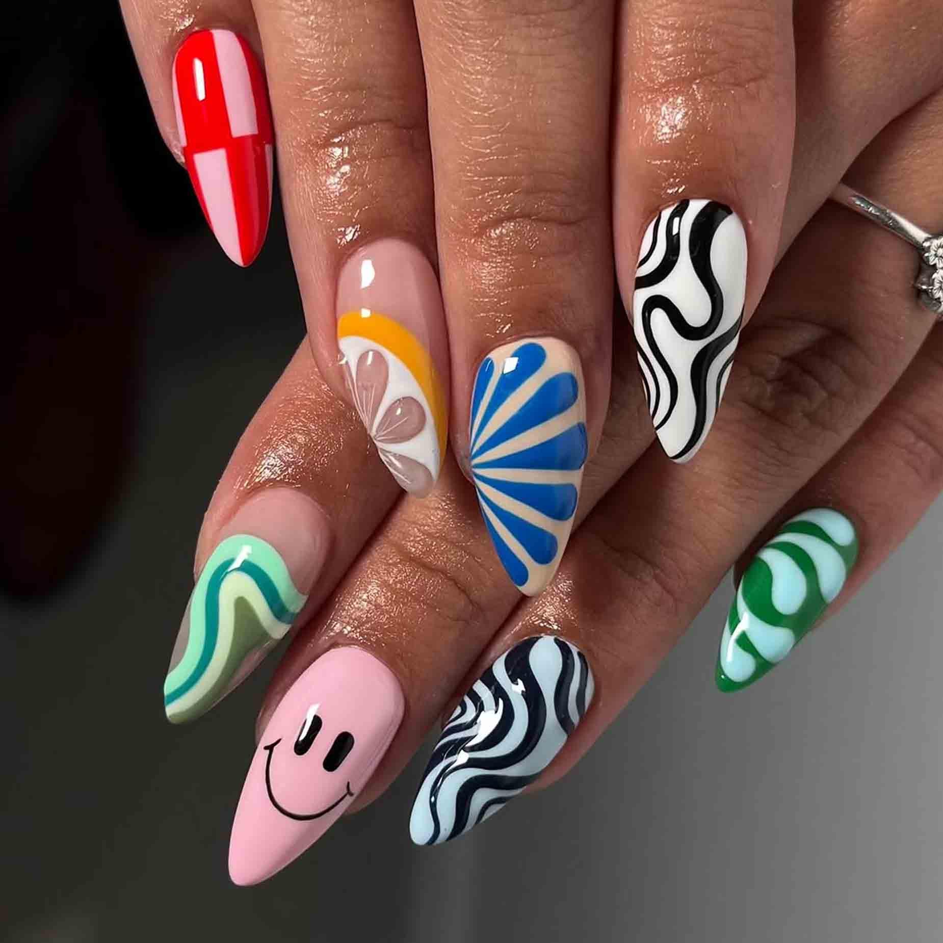 Soft Pastel Almond Swirl Nails