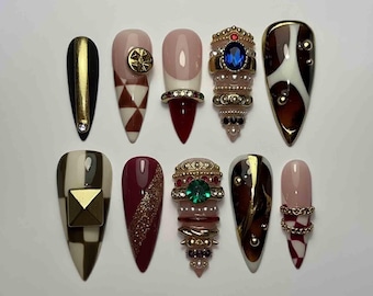 Handmade Regal Glam Press On Nails | Jewel Charms, Gold Studs, Geometric Art & Marble Accents | Stiletto Nails For Luxury Bold Vibes
