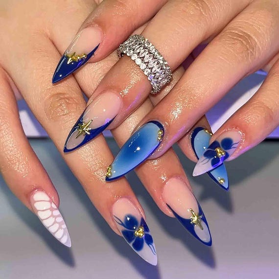Handmade Blue Ocean Press On Nails | 3D Starfish & Floral Nail Art with Gradient Ombre Tips | Long Stiletto Summer Nails for Beach Lovers