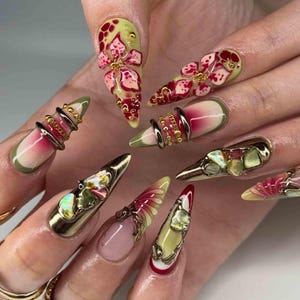 Handmade Vintage Floral Press On Nails | 3D Sculpted Roses, Multi-Gemstone & Gold Filigree Design | Stiletto Nails for Fairycore Aesthetic