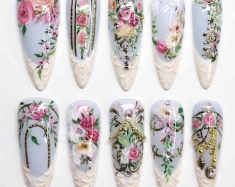Handmade Vintage Floral Press On Nails | Hand-Painted Roses & Gold Baroque Details | Long Stiletto Nails For Romantic Elegant Vibes