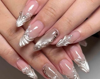 Handmade Pearl Chrome Press On Nails | Silver 3D Swirls, Rhinestones & Shimmer Ombre | Long Almond Nails For Elegant Glam Vibes