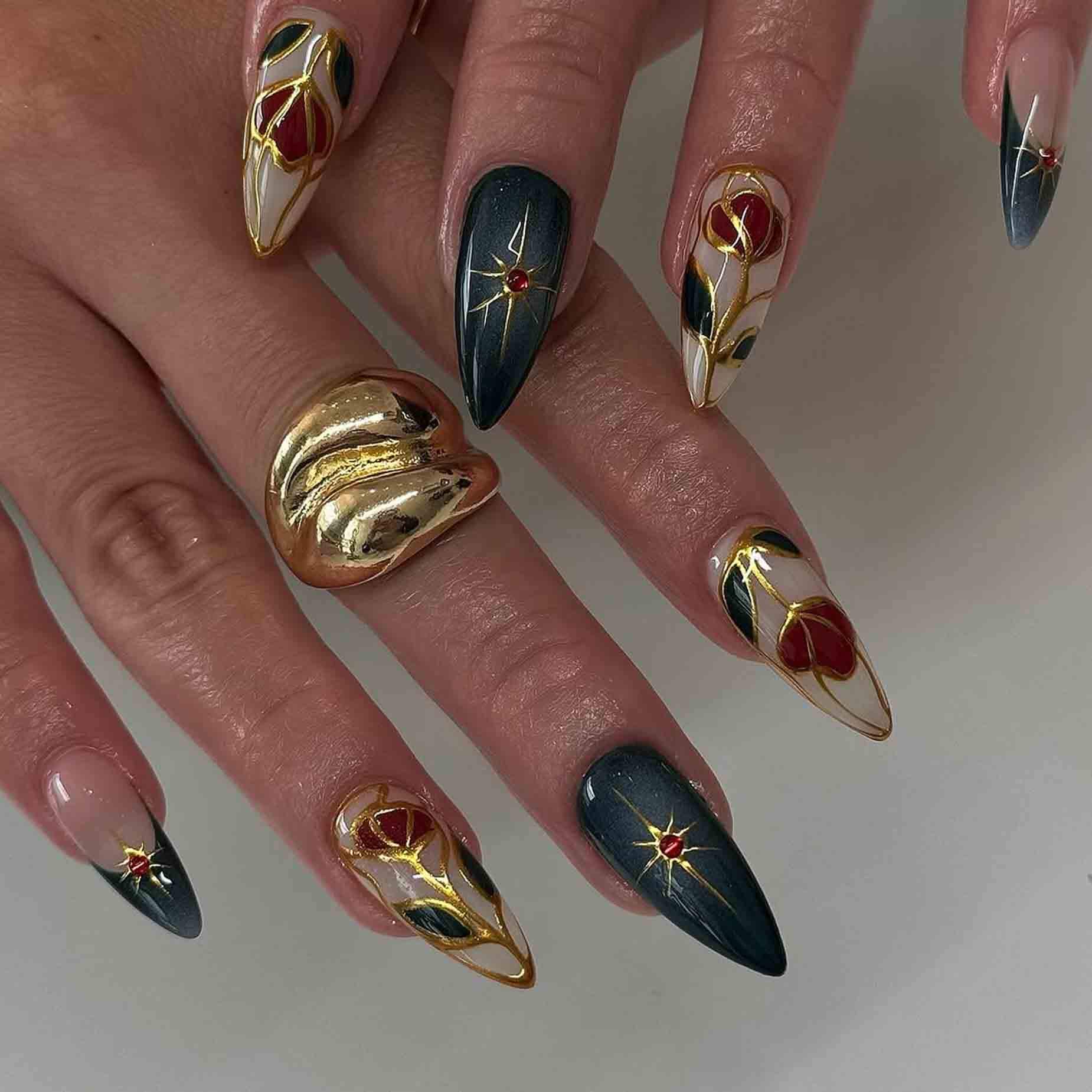 Handmade Gothic Floral Press On Nails | Dark Green Red Flowers & Gold Frame Details | Long Stiletto Nails for Party, Witchy, Elegant Style