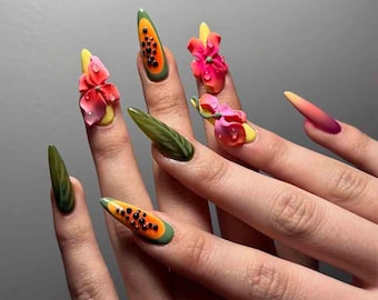 Tropical Press On Nails with 3D Floral, Papaya Accents | Almond Nails in Green, Yellow, Pink & Orange Tones for Vibrant Look