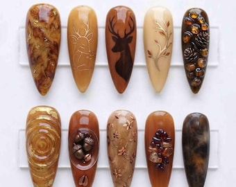 Amber Deer Press On Nails, Pinecone & Acorn Autumn Nails, Brown Tortoiseshell Forest Handmade Fall Nail Set