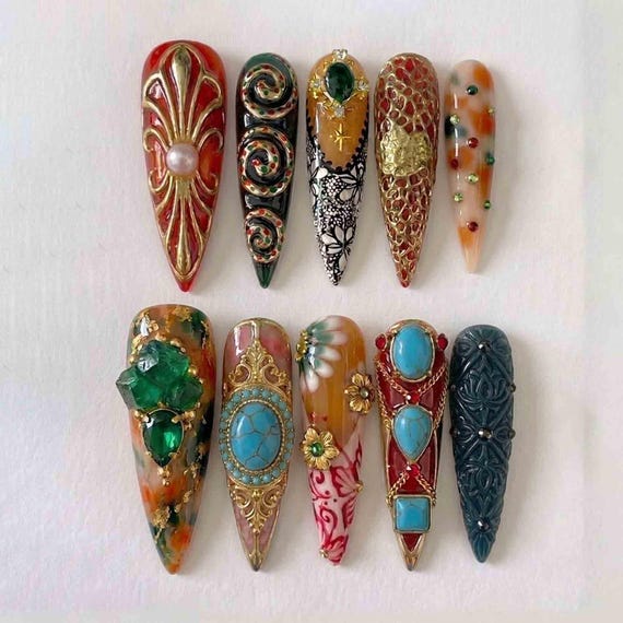 Handmade Red Gold Press On Nails | Baroque Gem Embellished Luxury Nail Art | Stiletto Nails for Regal Statement Style