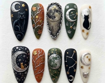 Celestial Cat Press On Nails, Moonlit Autumn Leaves & Constellation Nails, Witchy Gothic Handmade Halloween Nail Set
