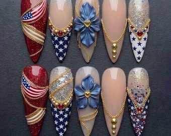 Handmade Patriotic 4th of July Press On Nails | 3D Blue Flowers, US Flags, Glitters & Gold Chains | Stiletto Nails for Festive Vibe