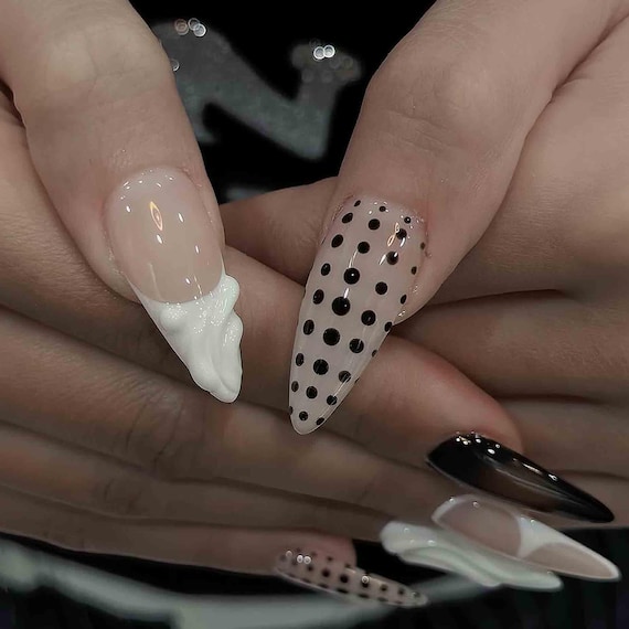 Handmade Black & White Press On Nails | Polka Dot, 3D Sculpted Gel Design
