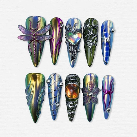Handmade Chrome Fantasy Press On Nails | 3D Dragonfly, Iridescent Heart, Galaxy Gem & Orchid Art | Stiletto Nails For Futuristic Vibe